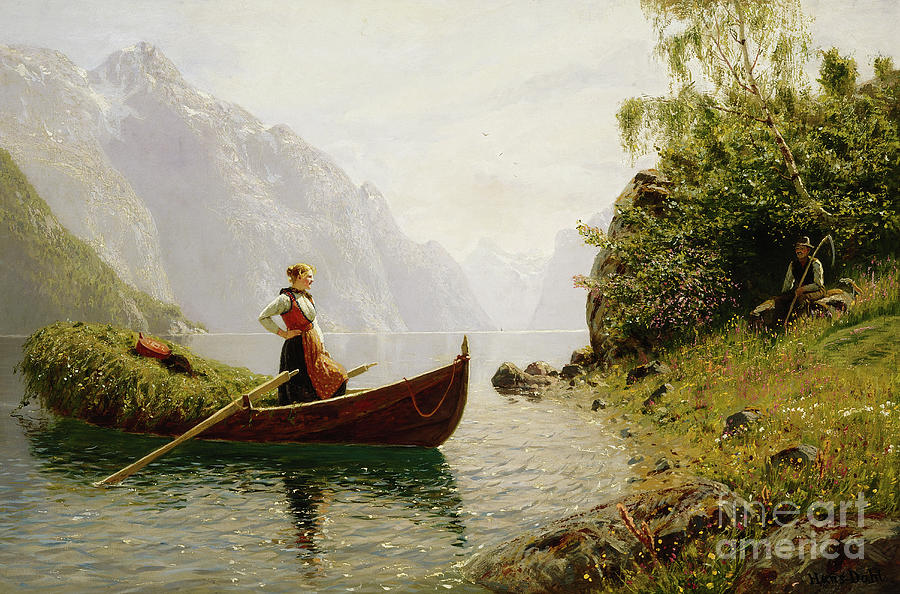 Man and woman in fjord landscape,  Painting by O Vaering by Hans Dahl
