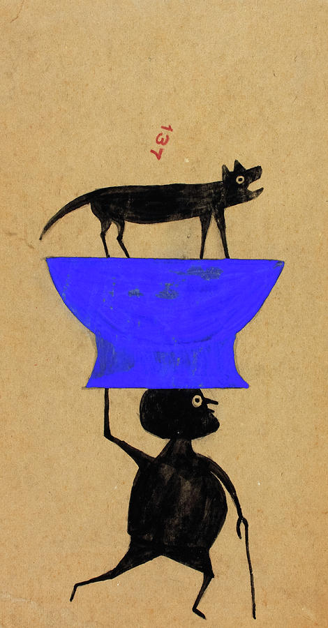 Animal Painting - Man Carrying Dog on object by Bill Traylor