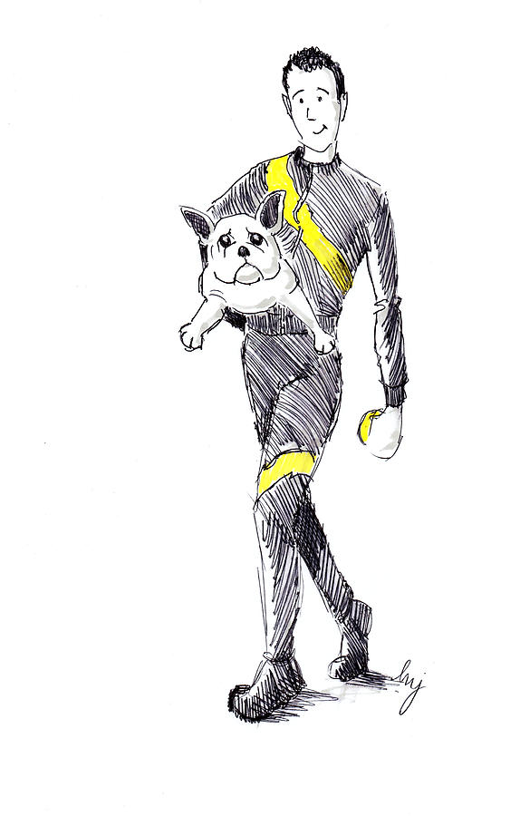 Man carrying french bulldog cartoon Drawing by Mike Jory