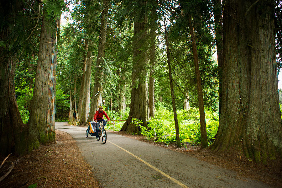 Man cycling a scenic trail with his child Photograph by stockstudioX