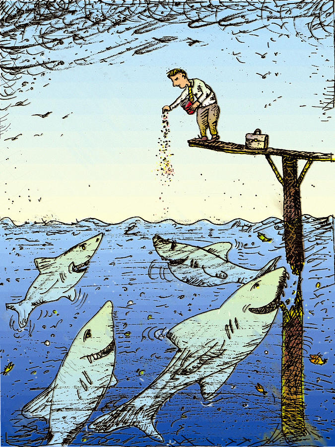 Man Feeding Sharks Drawing by Vasily Kafanov