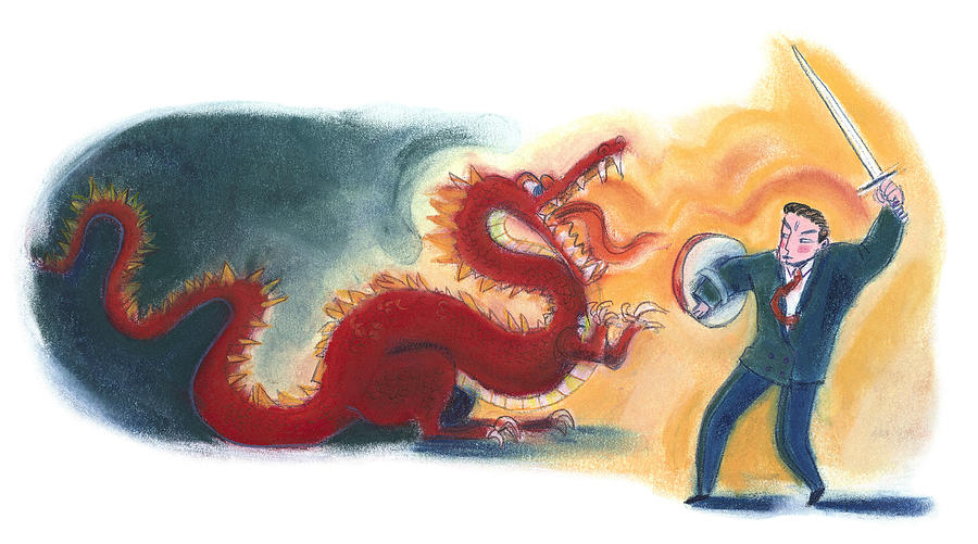 Man Fighting Dragon Drawing by Ann Boyajian