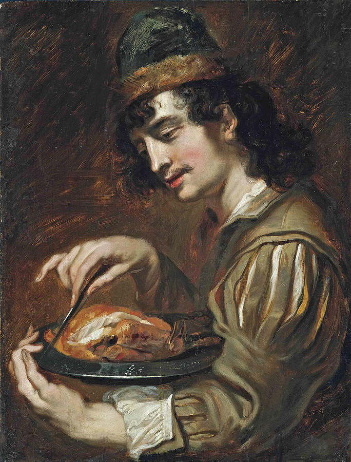 Man holding a pewter charger with a chicken Painting by Jan Cossiers
