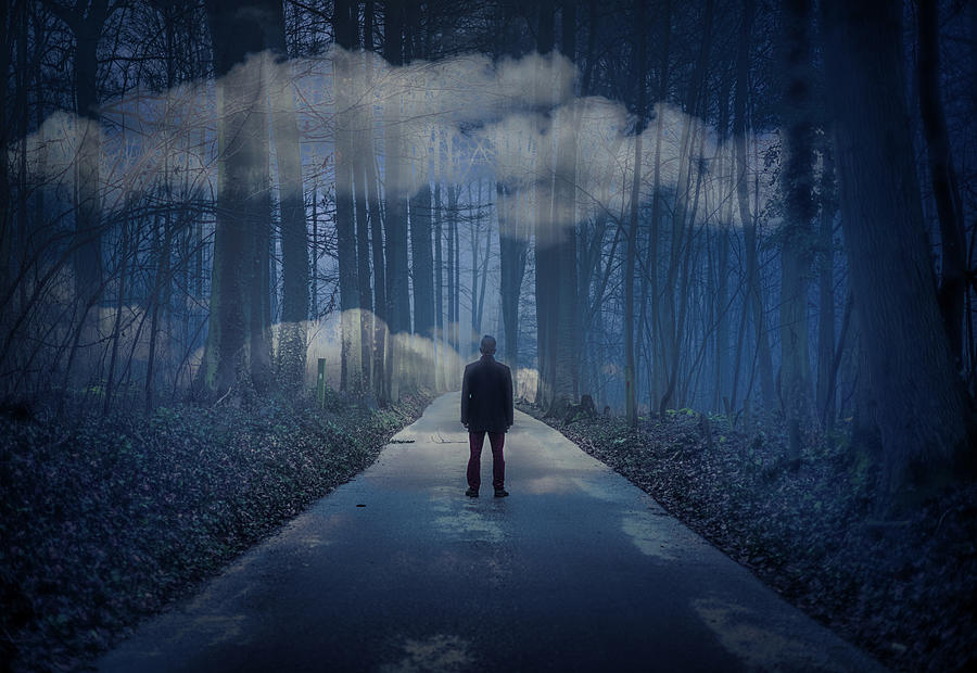 Man in surreal misty cloudy forest, lonely and abandoned in gloomy ...