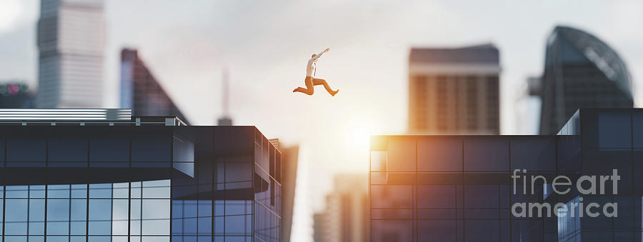 Man jumping between skyscrapers Photograph by Michal Bednarek