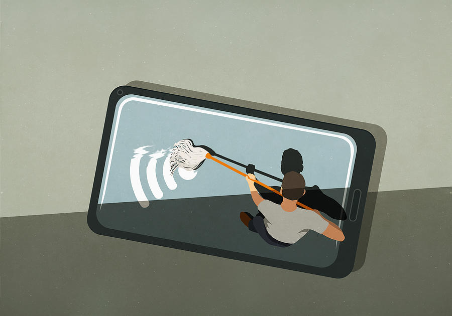 Man mopping wifi symbol on smart phone screen Drawing by Malte Mueller