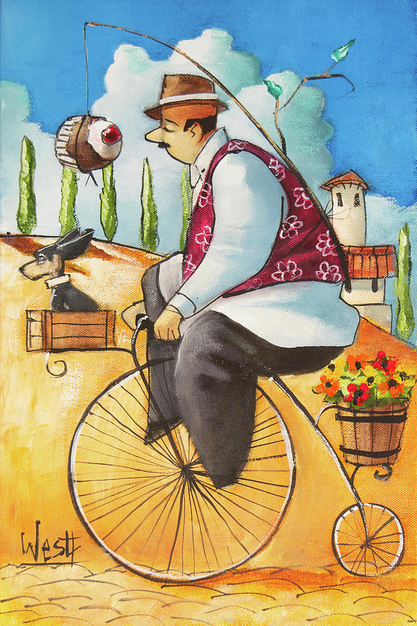 Man on Bicycle with Cupcake Painting by Ronald West - Fine Art America