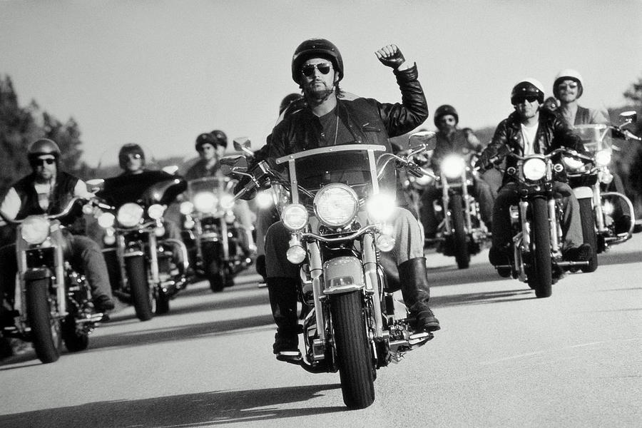Man on motorcycle leading motorcycle gang (B&W) Photograph by Zigy Kaluzny