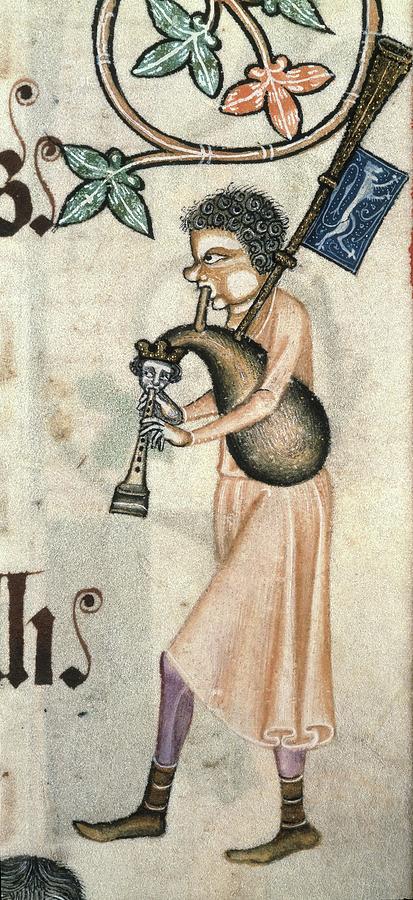 Man playing bagpipes from the Lutrell Psalter.English manuscript c. 1340. Painting by Album