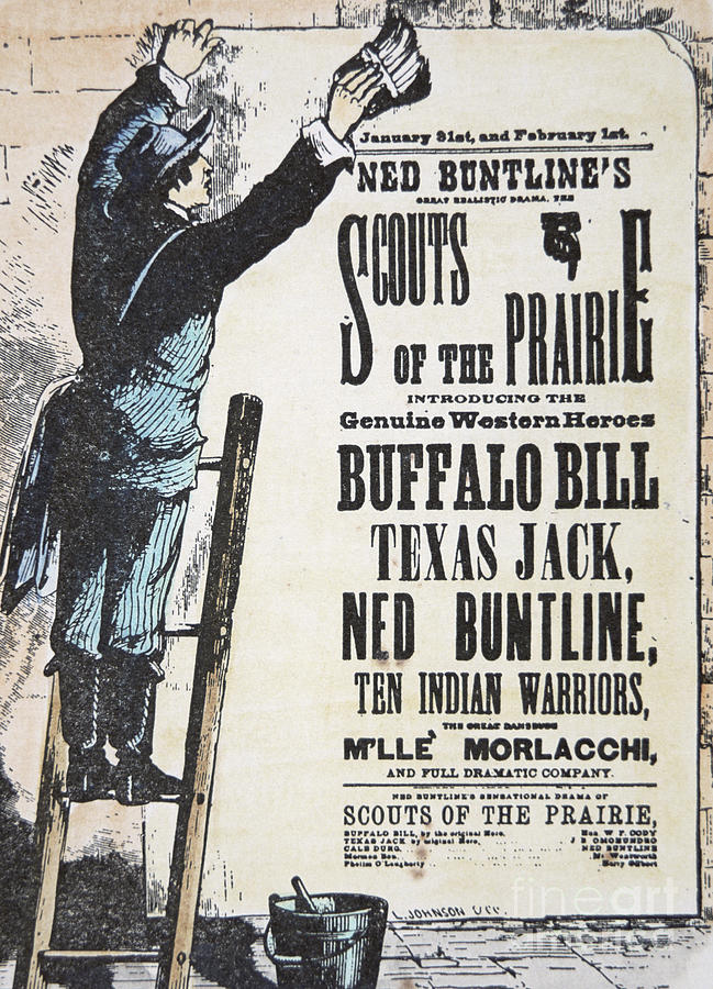 Man posting a theater bill for Scouts of the Prairie play starring Buffalo Bill Cody Painting by American School