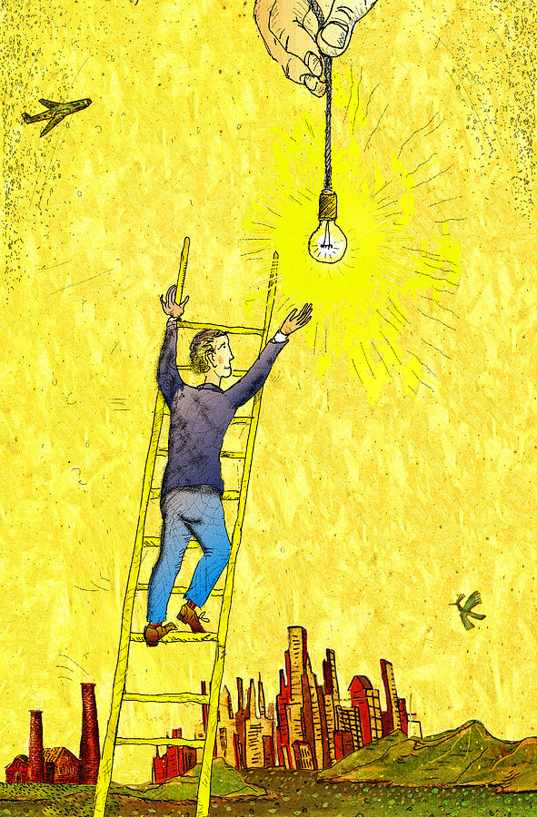 Man Reaching for Light Bulb Drawing by Vasily Kafanov