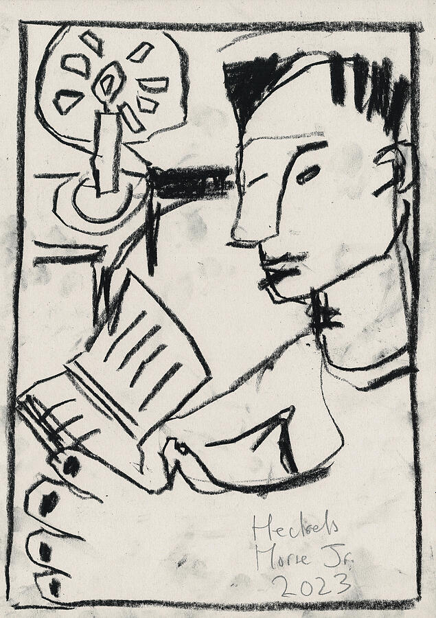 Man Reading a Book in a Library Charcoal Sketch Drawing by Edgeworth Johnstone