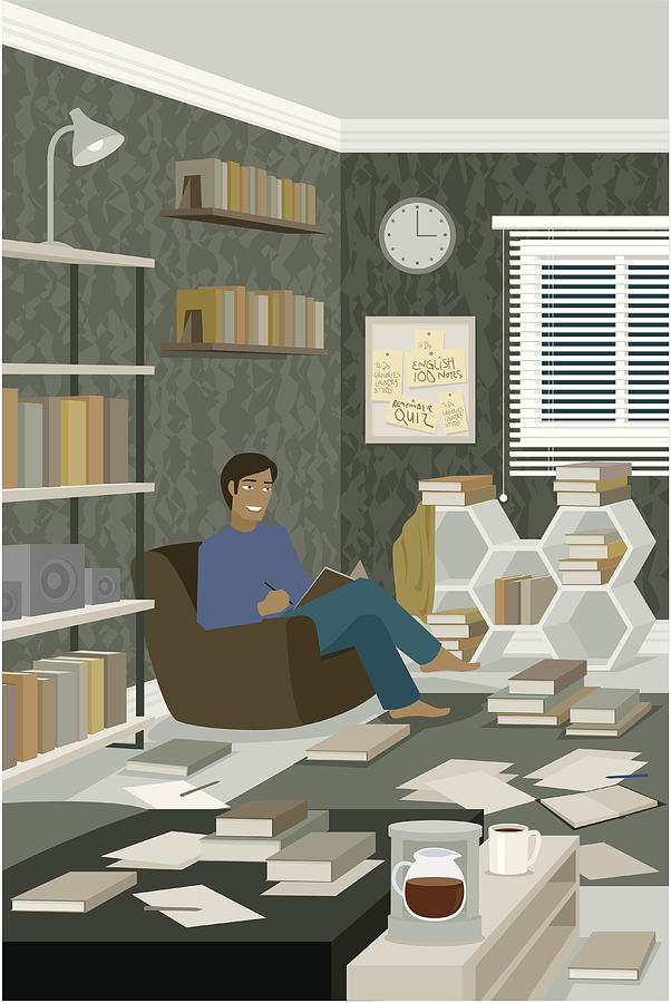Man Reading Book in Messy Room Covered with Paper Drawing by Bortonia