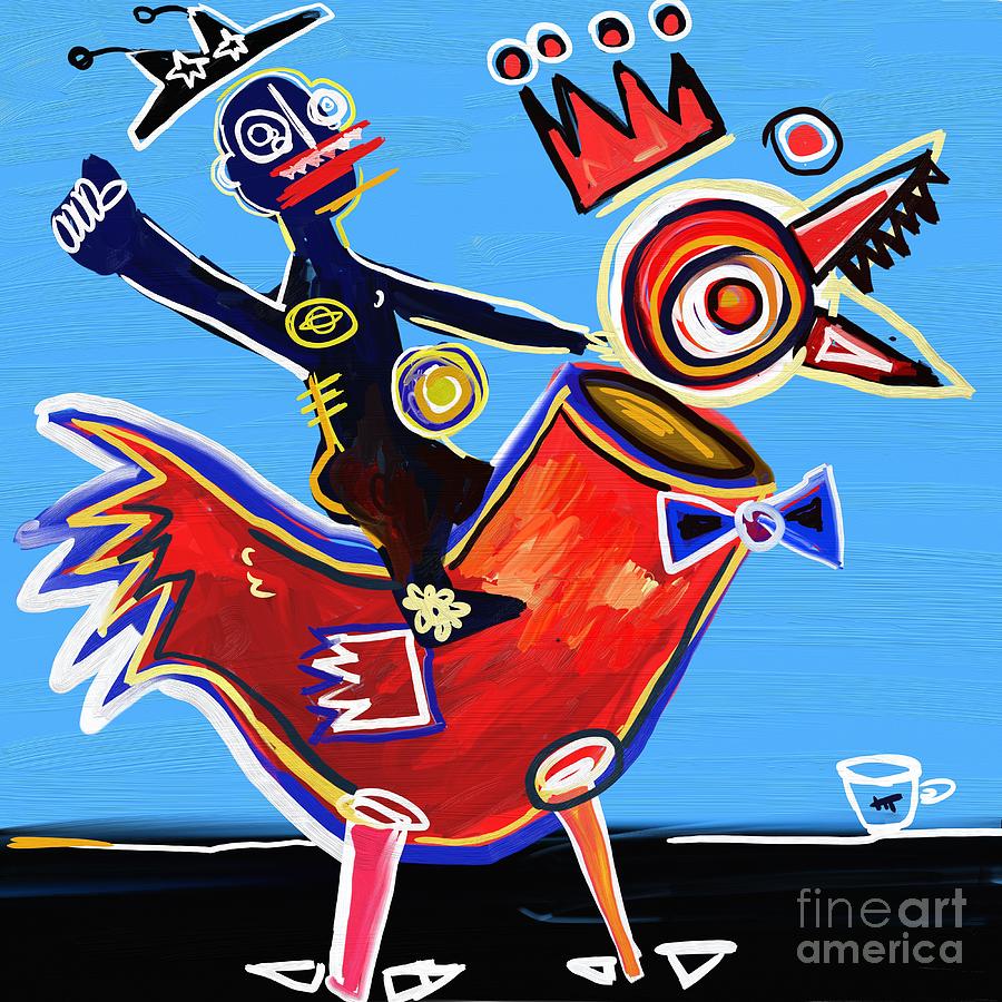 Chicken Painting - Man Riding Chicken and blue clear sky  by Kartick Dutta