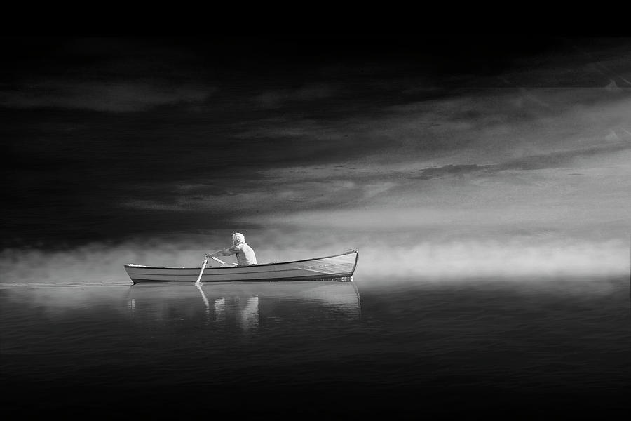 Man Rowing a Boat on a Misty Morning in Black and White towards  Photograph by Randall Nyhof