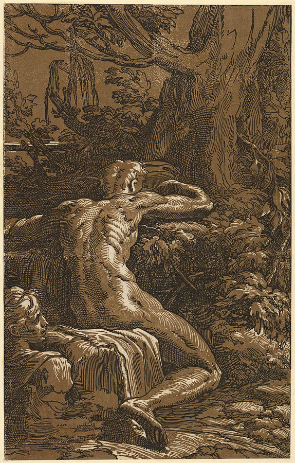 Man seated viewed from behind.  Narcissus Drawing by Antonio da Trento