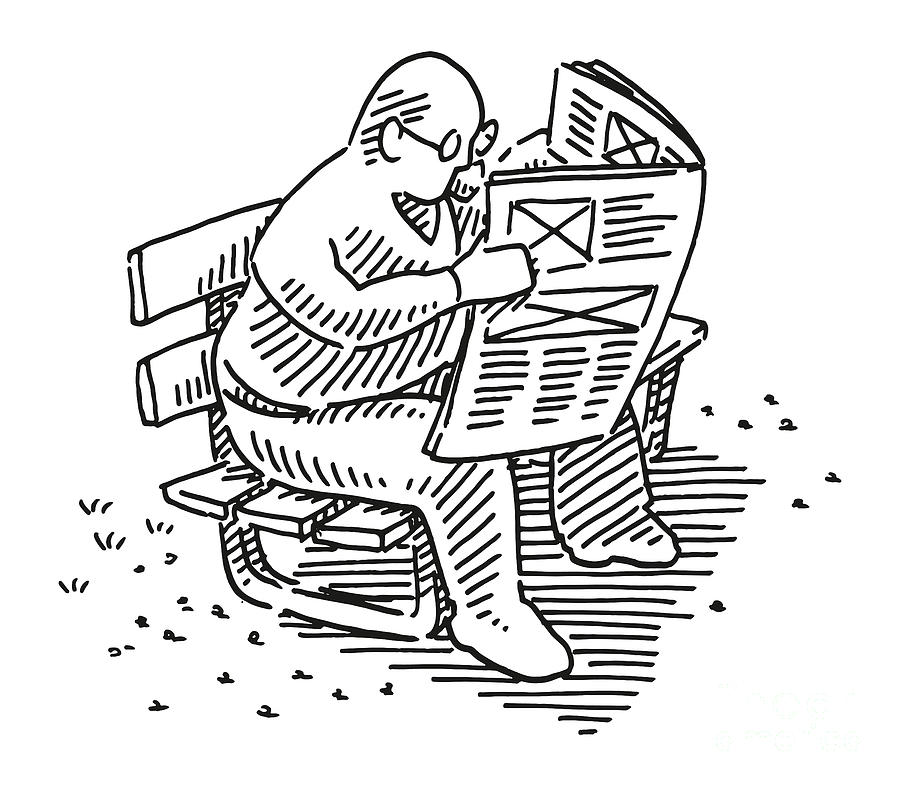 Sketch Drawing - Man Sitting On Park Bench Reading Newspaper Drawing by Frank Ramspott