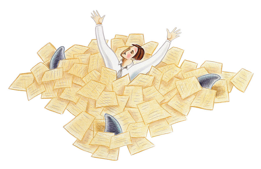 Man swimming in sea of paperwork as three shark fins circle him Drawing by Stockbyte