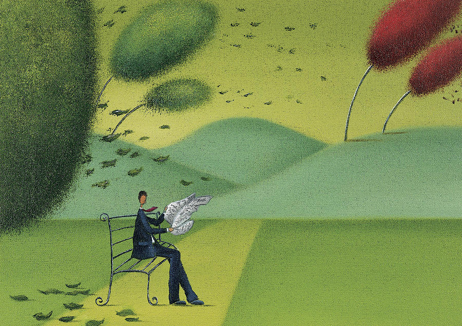 Man Trying to Read His Newspaper in a Windy Park Drawing by Mandy Pritty