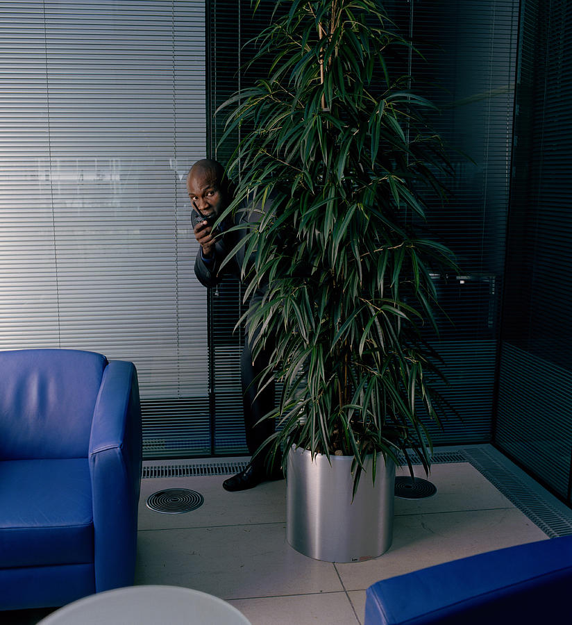 Man using walkie-talkie, body obscured by potted plant, indoors Photograph by Betsie Van Der Meer