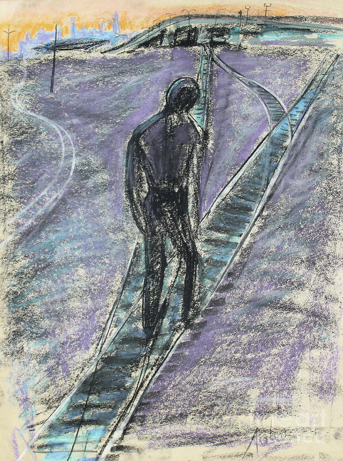 Surreal Painting - Man Walking on Surreal Train Tracks by Asha Carolyn Young