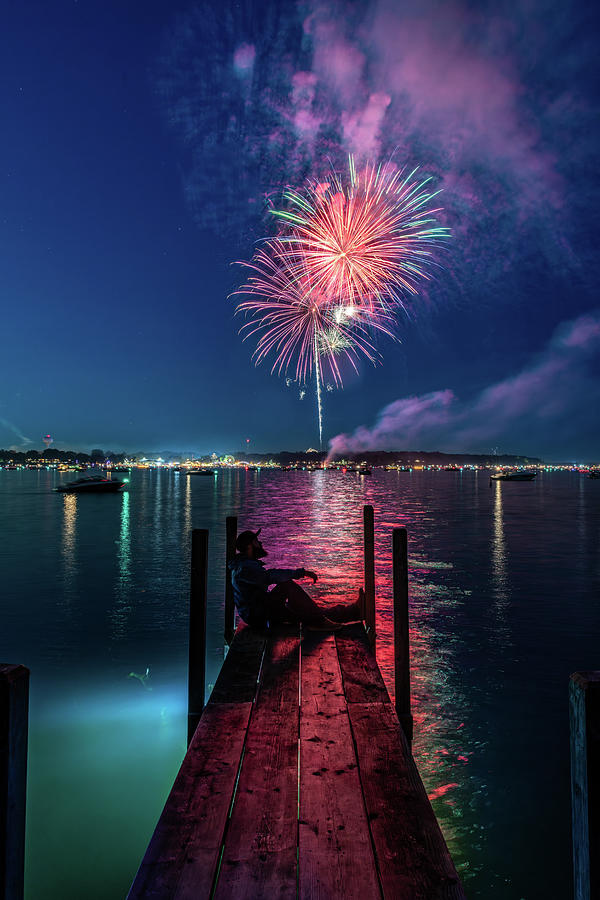 Man Watching Fireworks From Wooden Dock Photograph by Ben Ford - Fine ...