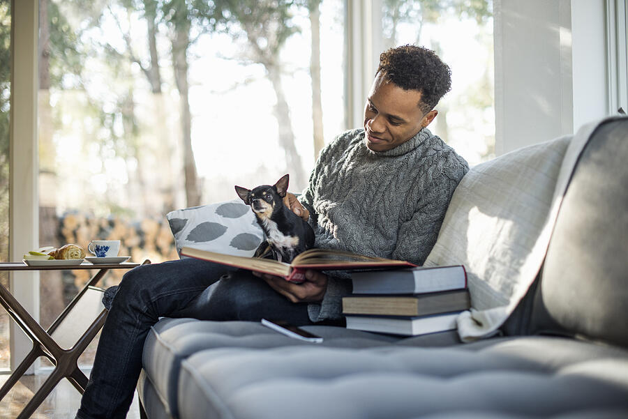 Man wearing a grey roll-neck jumper sitting on a sofa with a dog on his lap, looking at a book. Photograph by Mint Images