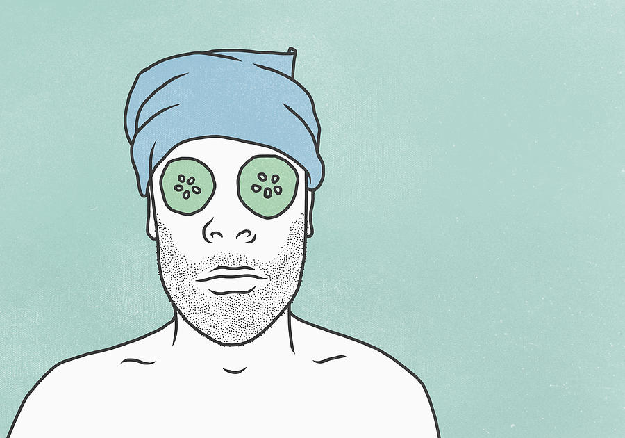 Man wearing face mask and towel against blue background Drawing by Malte Mueller