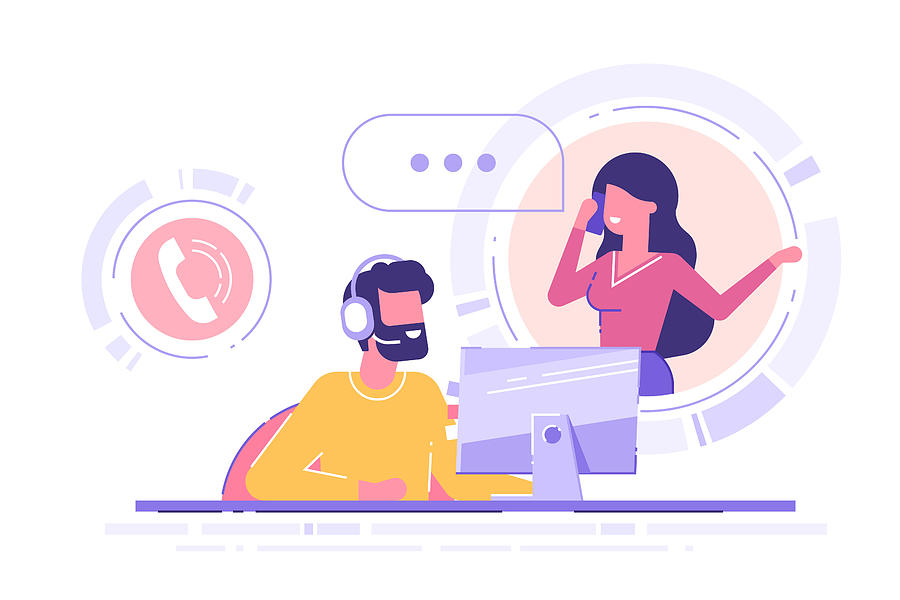 Man with headset is sitting at his computer and  talking with client. Clients assistance, call center, hotline operator, consultant manager, technical support and customer care. Vector illustration. Drawing by Lankogal