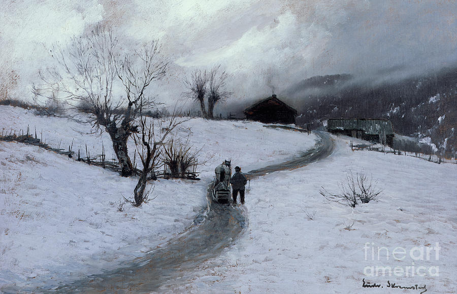 Man with horse and sledge Painting by O Vaering by Ludvig Skramstad