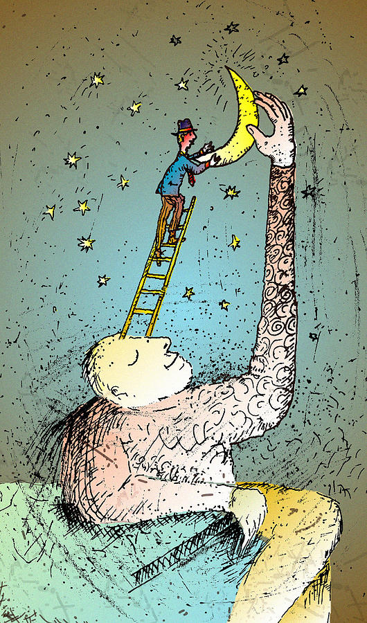 Man with Ladder to Moon Drawing by Vasily Kafanov