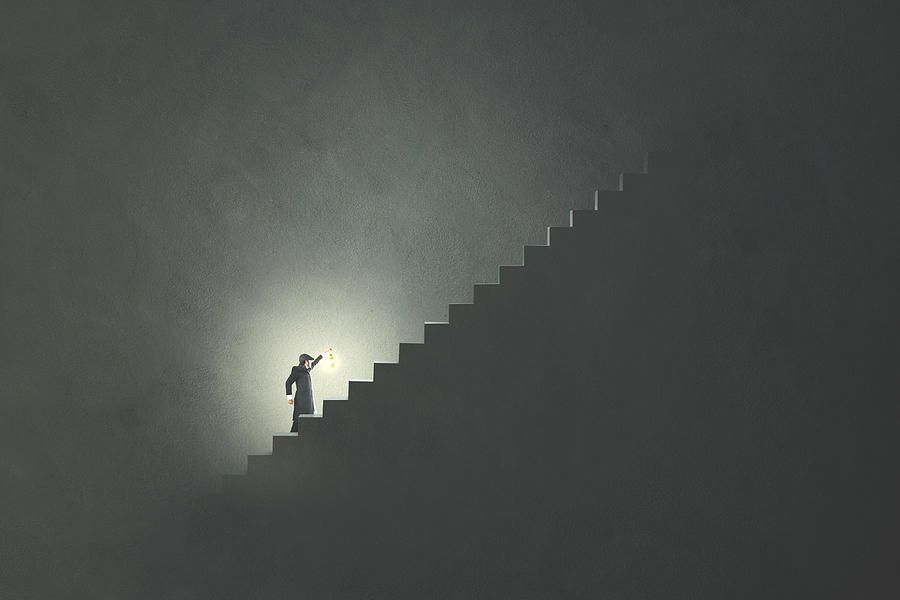 Man With Lamp Rising Stairs In The Darkness Photograph by Francescoch