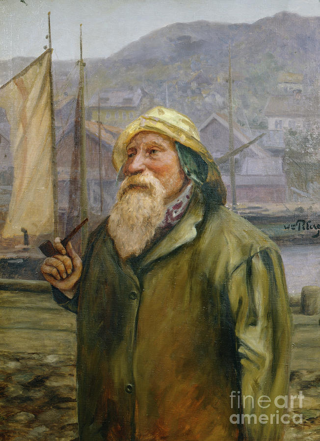 Man with oilskin hat and pipe Painting by O Vaering by Wilhelm Peters