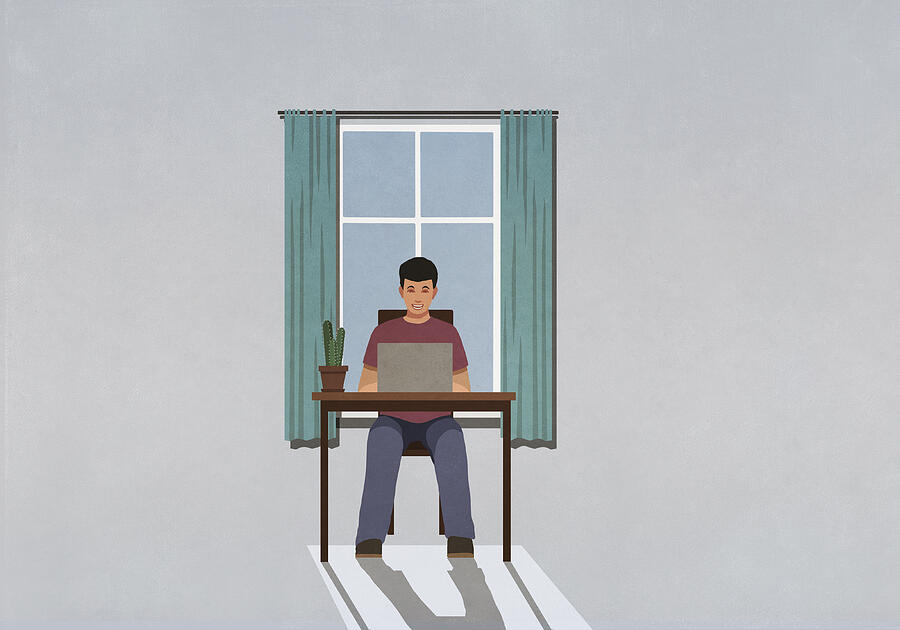 Man working from home at laptop in window Drawing by Malte Mueller