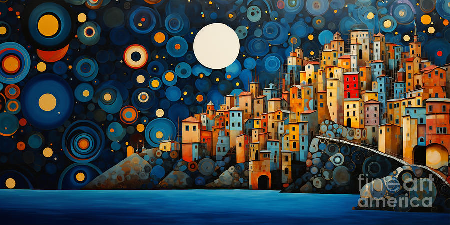Manarola, Cinque Terre moonlight fantasy Painting by Delphimages Photo Creations