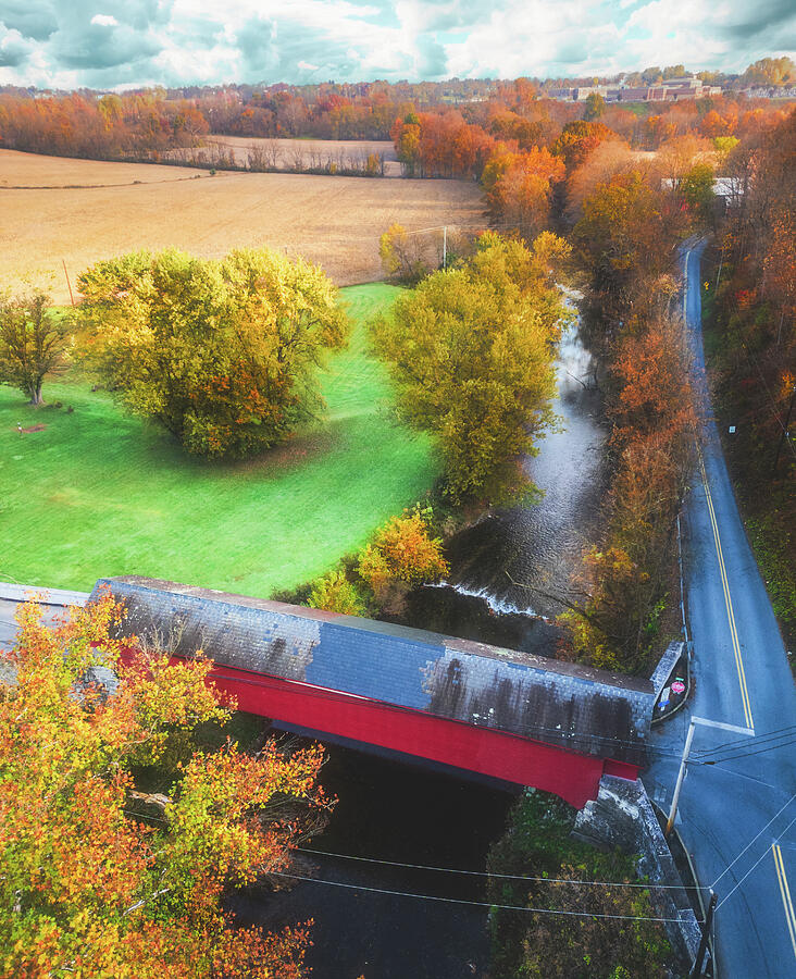 Manasses Guth Covered Bridge Autumn Portrait Photograph by Jason Fink