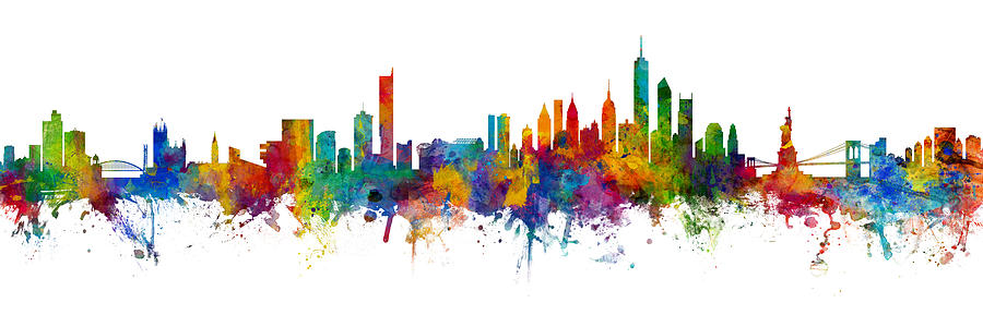 Manchester and New York Skylines Mashup Digital Art by Michael Tompsett