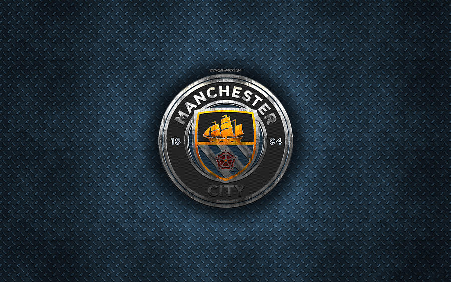 Manchester City FC English football club blue metal texture metal logo ...