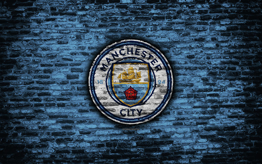 Manchester City FC logo blur brick wall Premier League English football ...