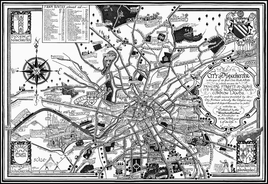 Manchester England Vintage Map 1926 Black and White  Photograph by Carol Japp