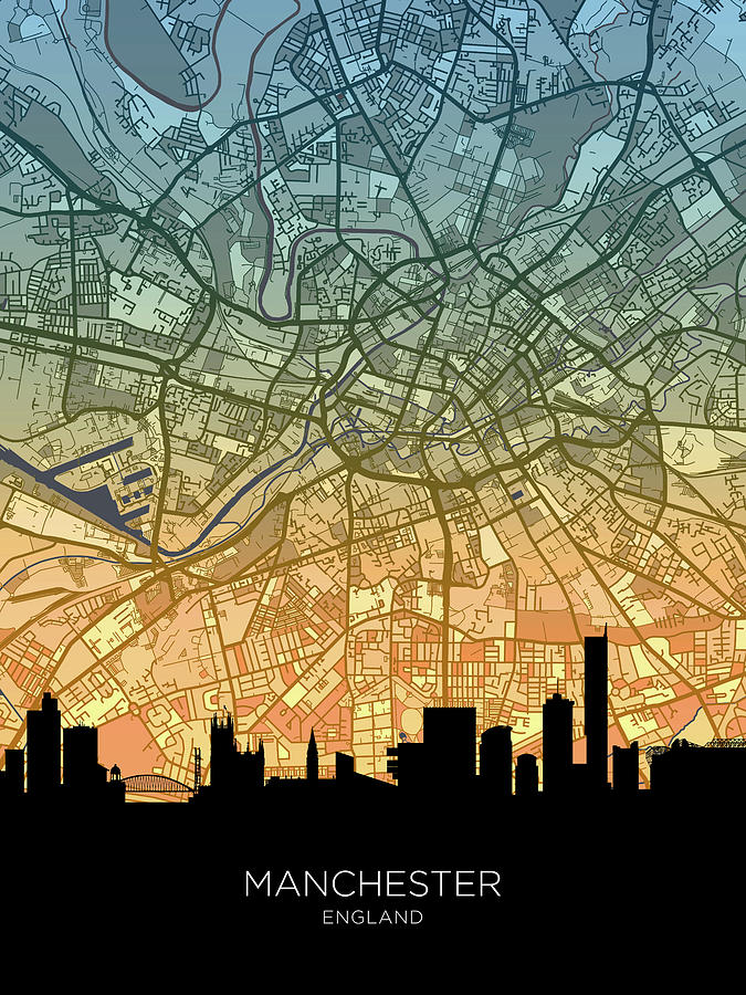 Manchester Skyline Map #88 Digital Art by Michael Tompsett