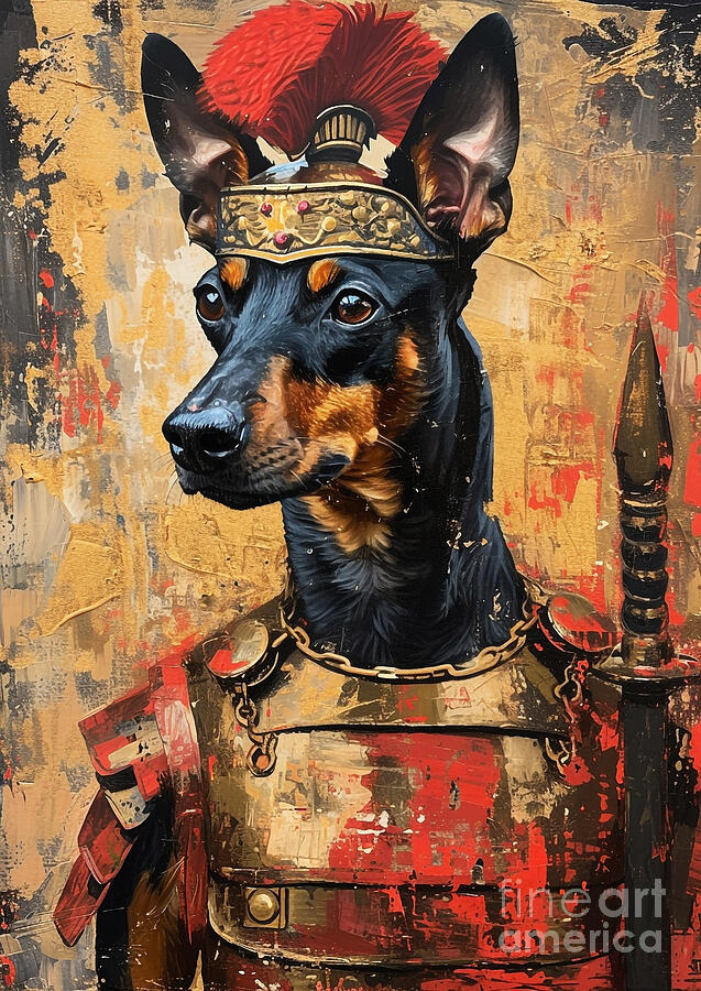 Dog Painting - Manchester Terrier - outfitted as a Roman urban rat catcher, quick and cunning by Adrien Efren