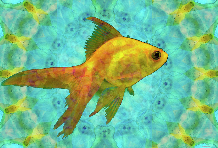 Mandala Goldfish - Gold and Blue Art - Sharon Cummings Painting by Sharon Cummings