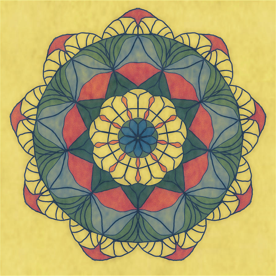 Mandala in goldtones, red, green, blue Digital Art by Denise Beverly