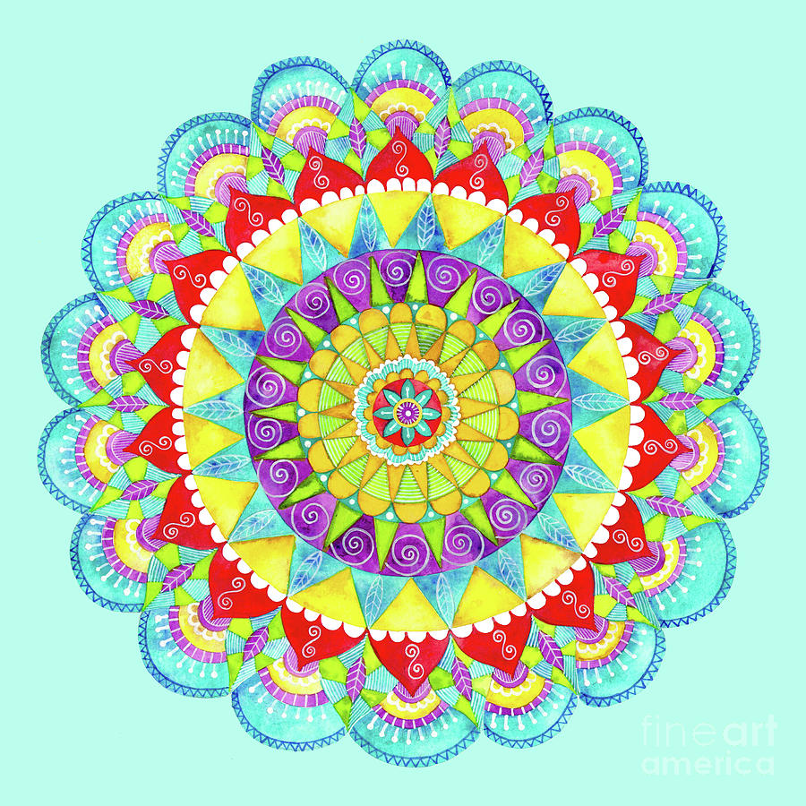 Mandala of Many Colors on Turquoise Painting by Shelley Wallace Ylst
