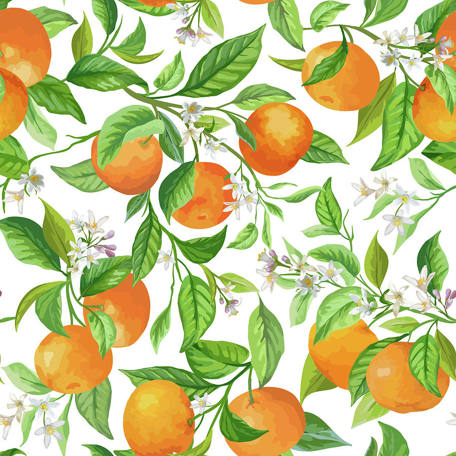 Mandarin Fruit Seamless Tropical Pattern, Colorful Juicy Citrus Fruits, Leaves, Flower Background, Jungle, Exotic Cover Design Elements, Watercolor Style Textile, Backdrop, Wallpaper, Fabric Drawing
