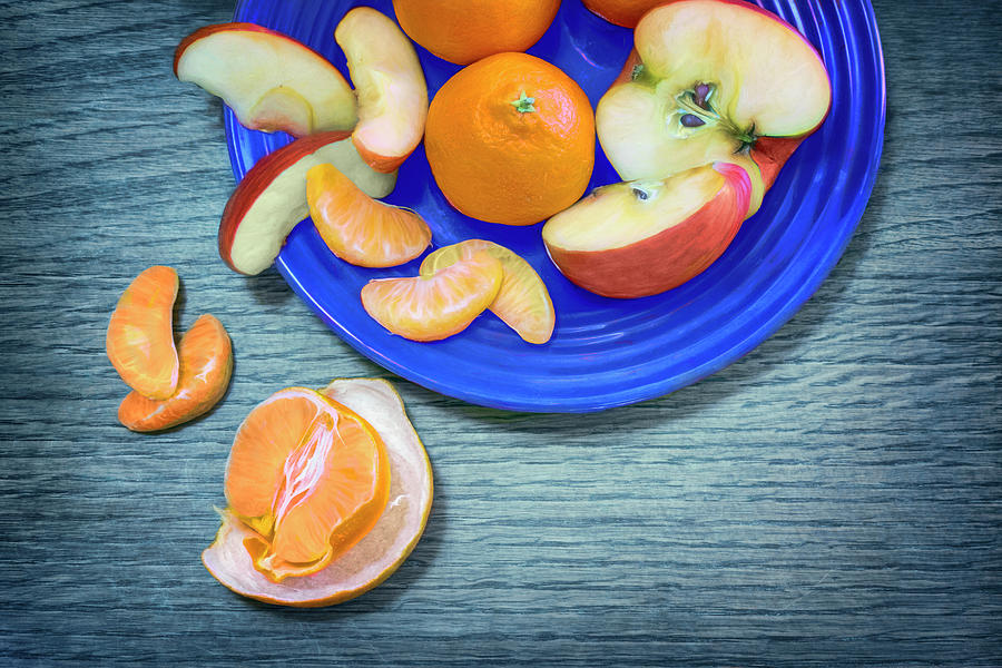 Mandarins and Fujis - Oranges and Apples on Blue Photograph by Nikolyn McDonald