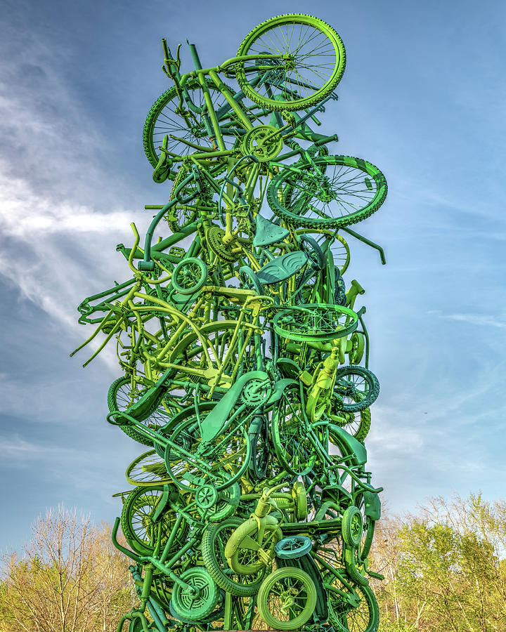 Northwest Arkansas Photograph - Mangled Green Sculpture of Bicycle Parts - Northwest Arkansas Razorback Greenway by Gregory Ballos