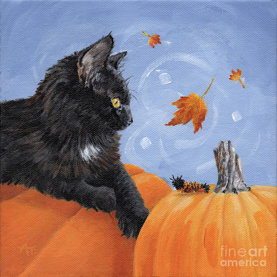 Mango and Caterpillar - Black Cat with Pumpkin Painting Painting by Annie Troe