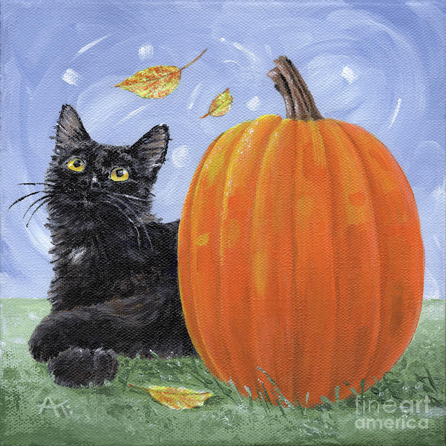 Mango - Black Cat and Pumpkin Painting by Annie Troe
